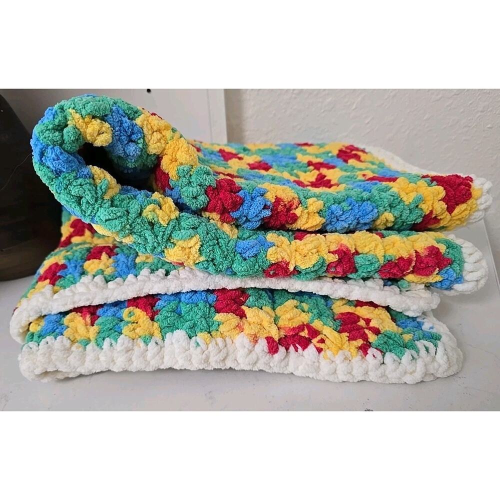 Hand Crocheted Baby Afghan 28x40 Red Blue Yellow Green White Car Seat Stroller - Picture 2 of 4